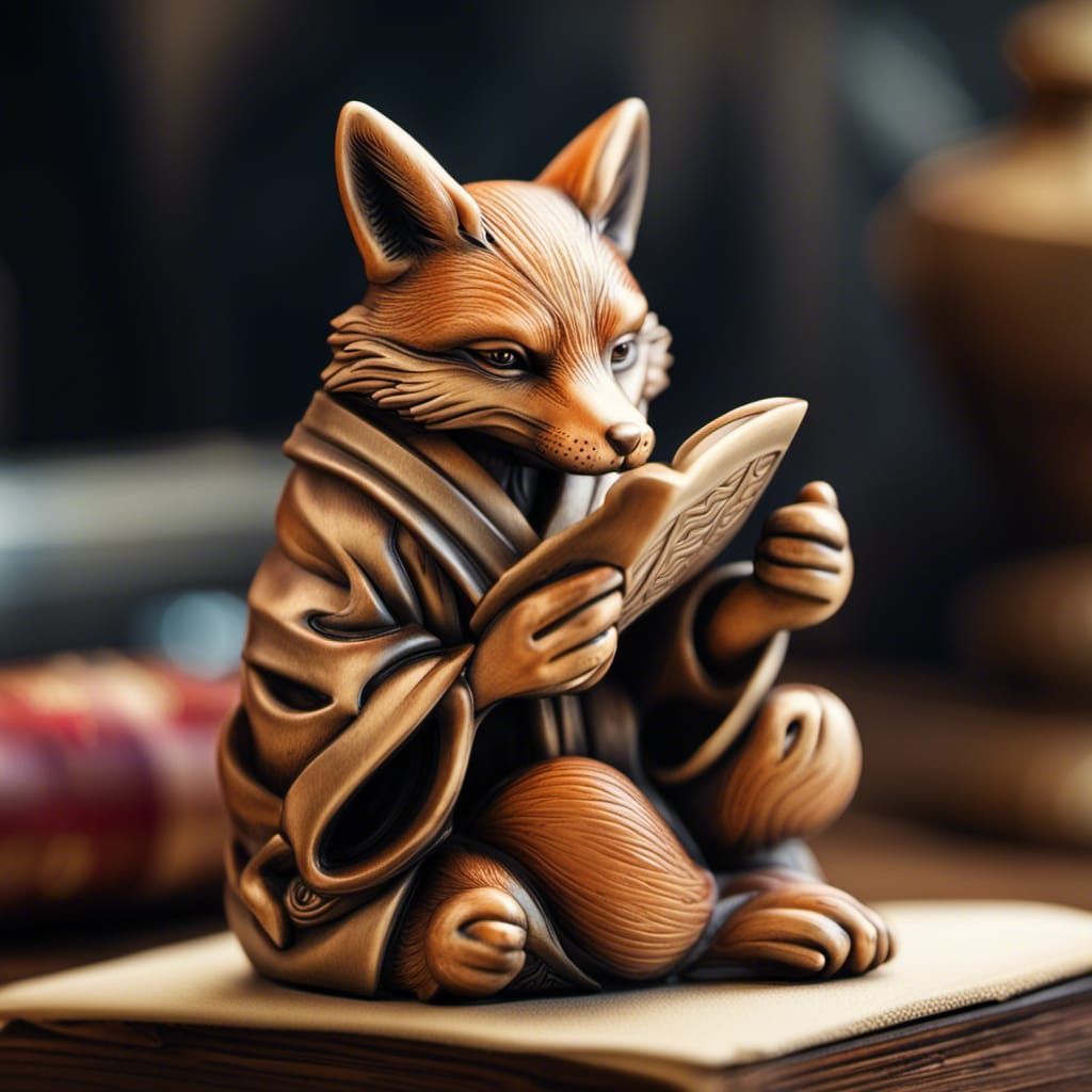 Fox reading a scroll, in the style of Tomotada