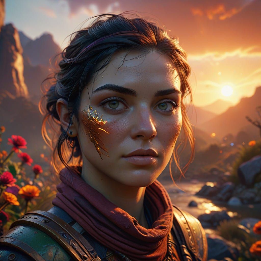 Surreal Digital Portrait in Vibrant Sunset Environment