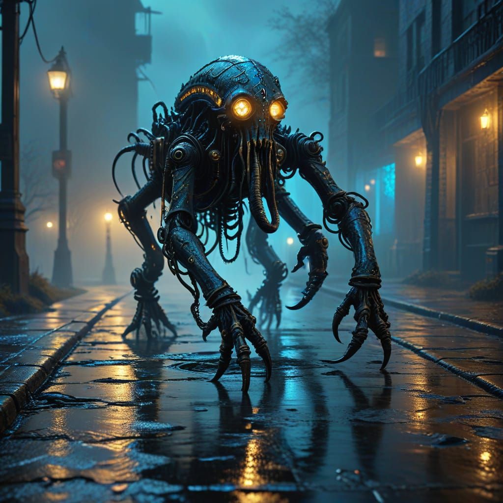 Eldritch Creature Walks a Dieselpunk Pathway