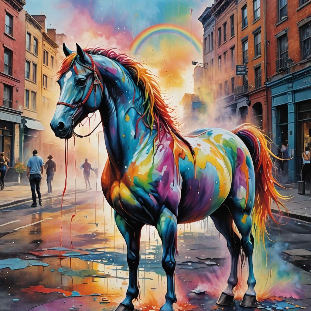 Rainbow Horse Shoots Rainbow in Surreal Street Art