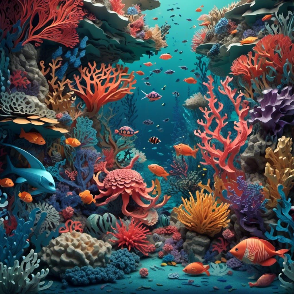 Paper Kirigami Coral Reef with Sea Creatures