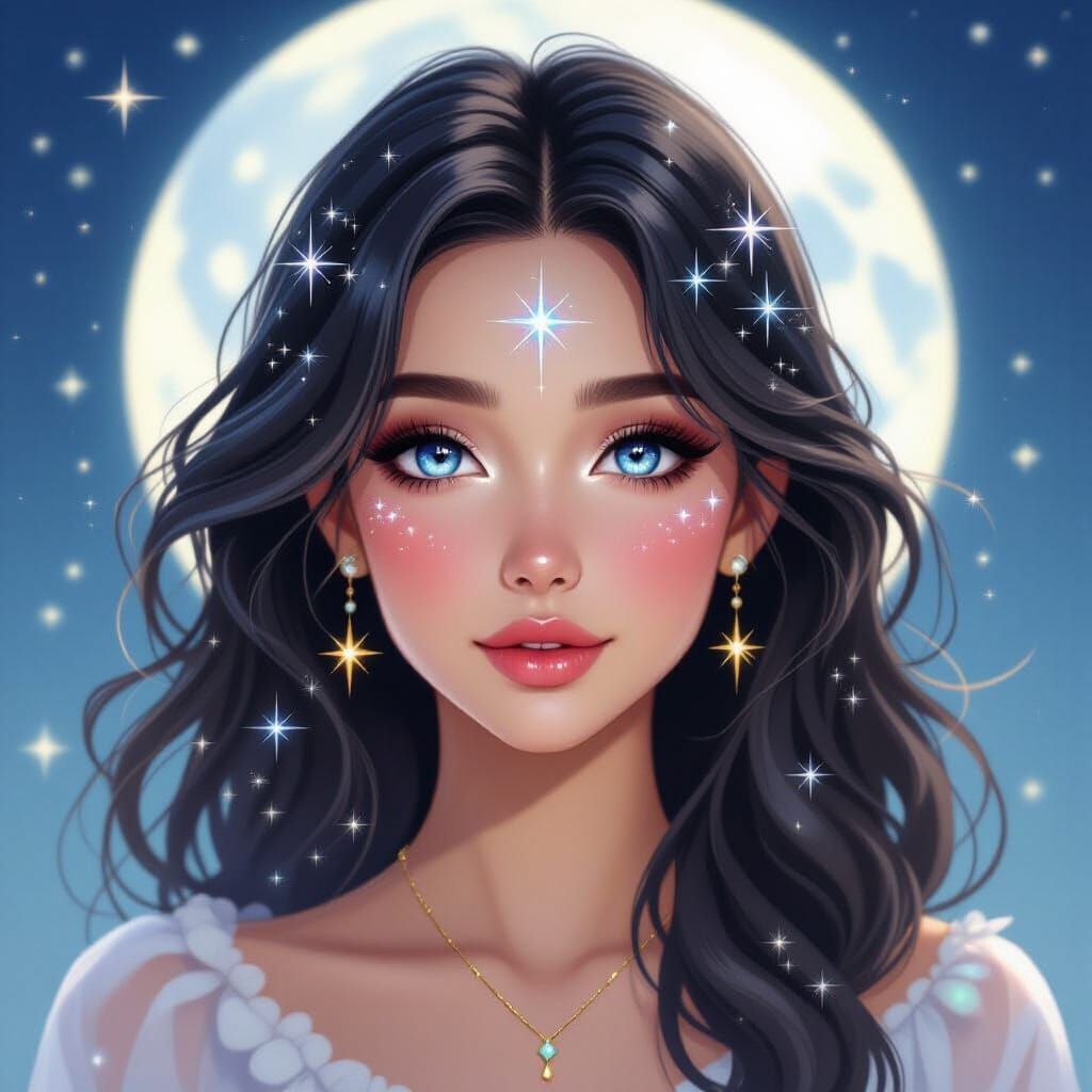 Ethereal Goddess with Starry Hair in Watercolor Style