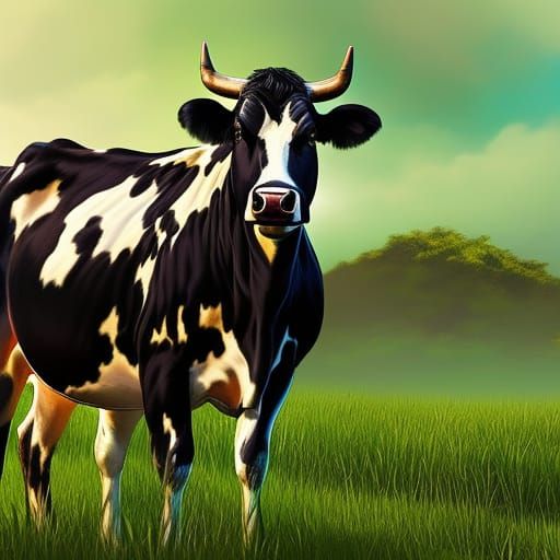 Hyperrealistic Cow in Field with Splash Art Background
