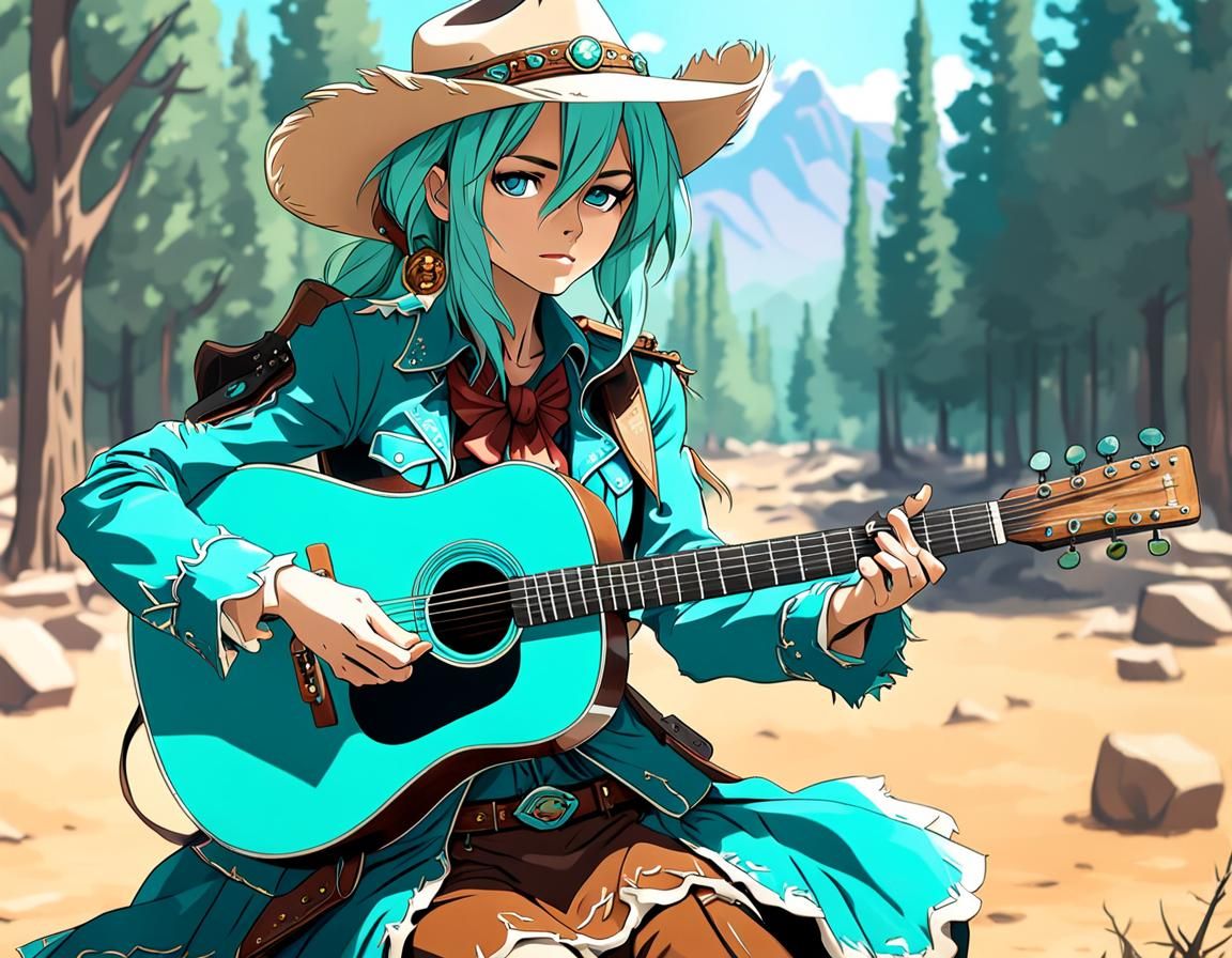 Anime Cowgirl Plays Turquoise Guitar
