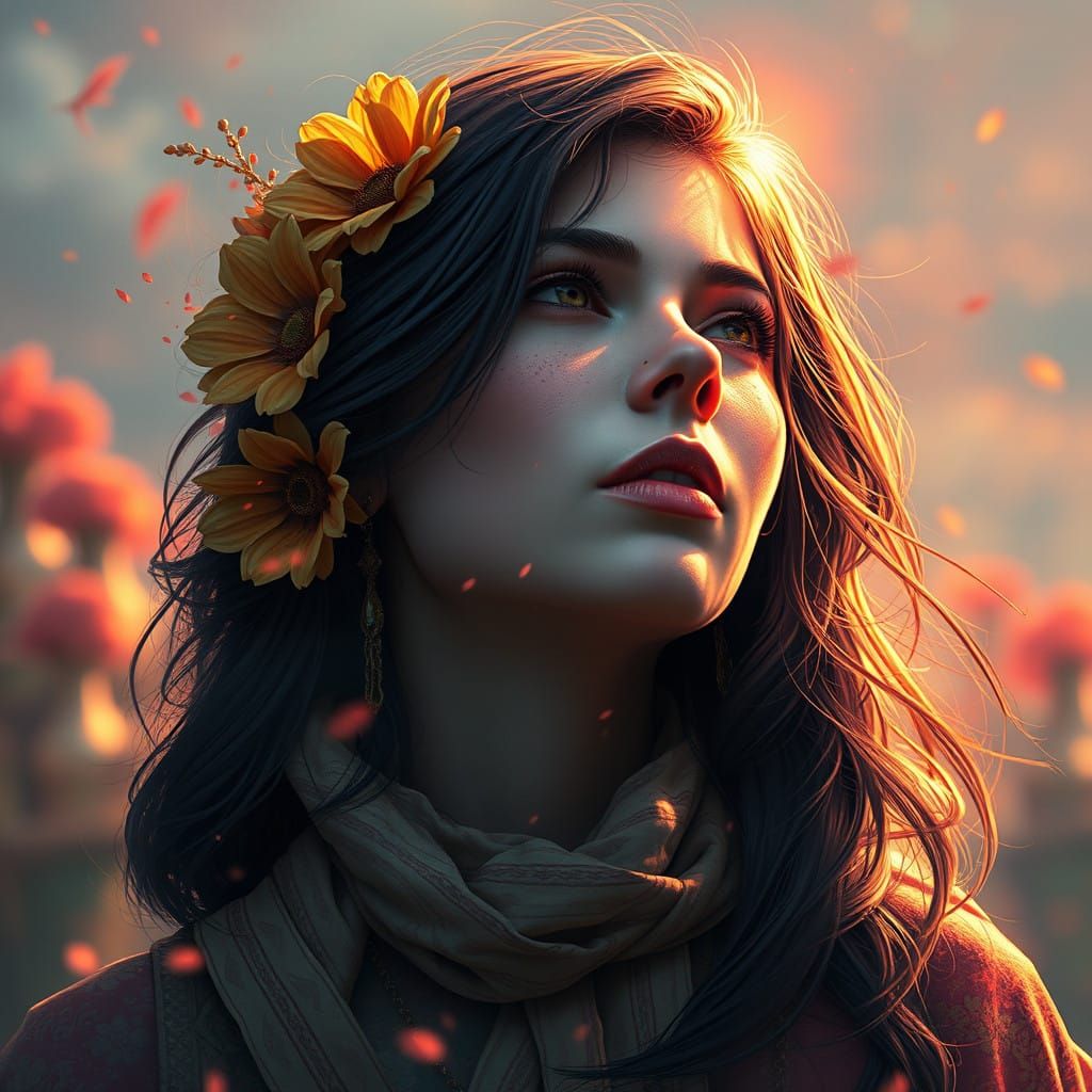 Ethereal Goddess of Sunflowers in Stunning Portrait