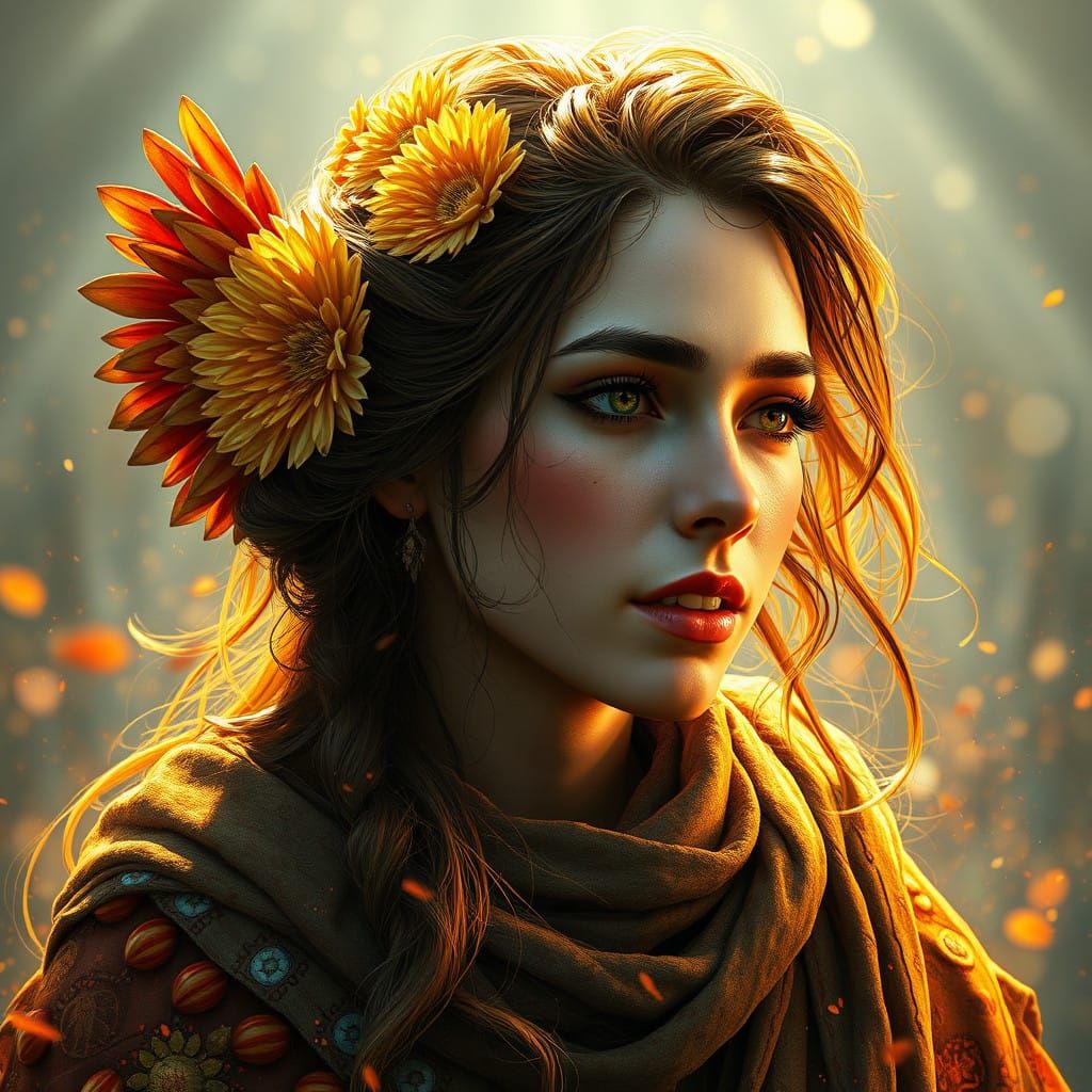 Surreal Goddess of Sunflowers in Vibrant Triadic Colors