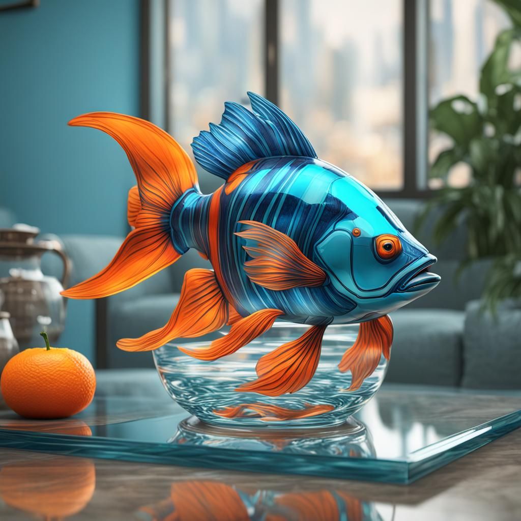 Glass art blue fish with orange stripes, on top of a coffee ...