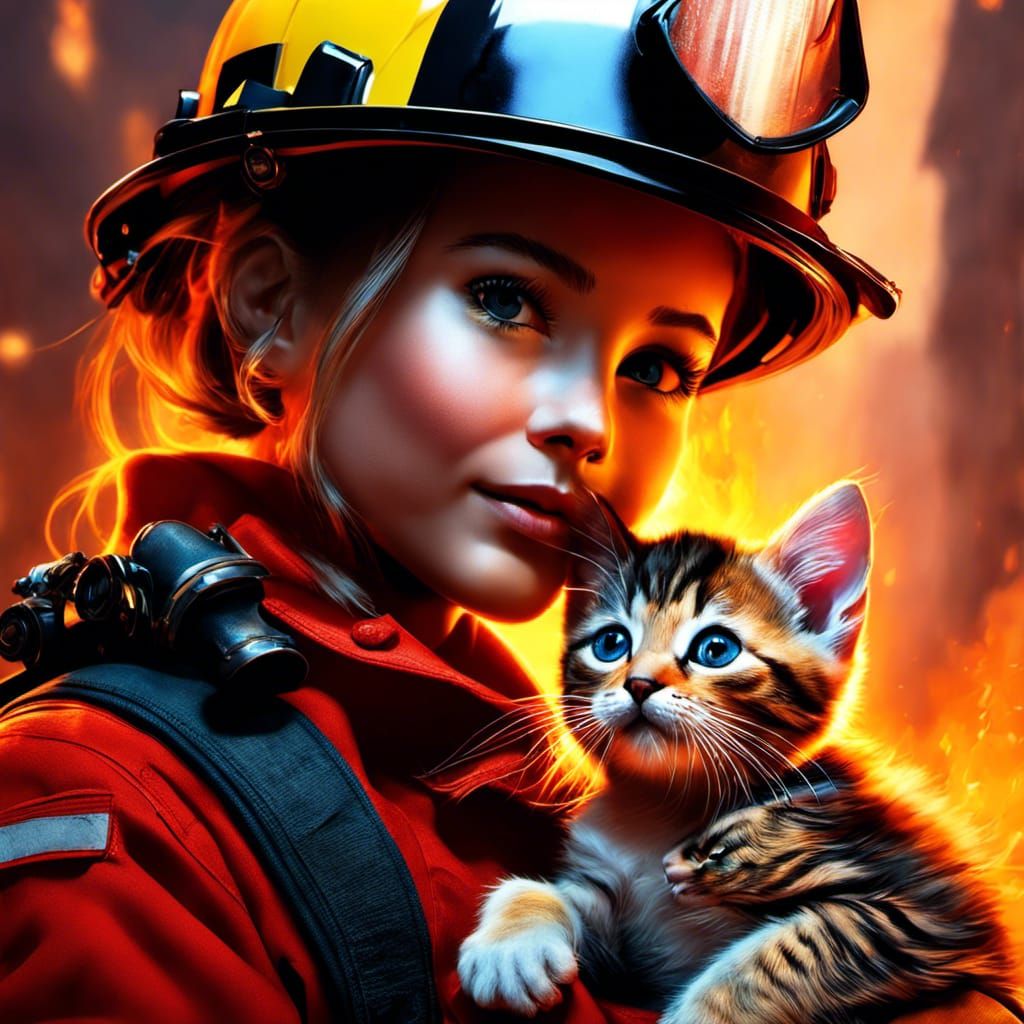 Firefighter Saves Kitten: Pixar-Style Digital Art
