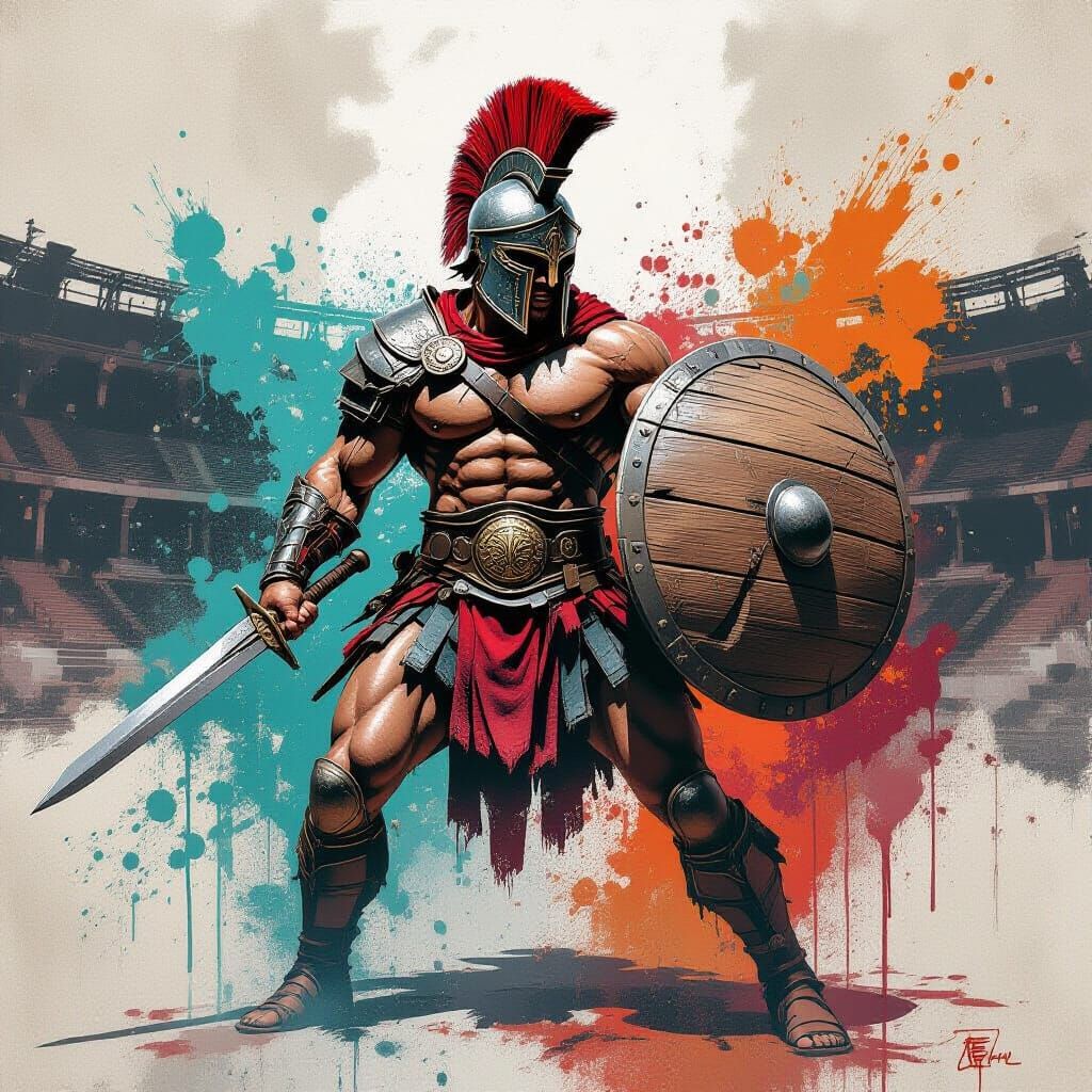 Powerful Gladiator in Arena, Street Art Style
