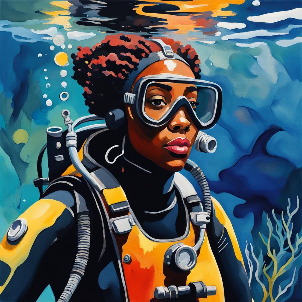 Black Scuba Diver in Gouache Style