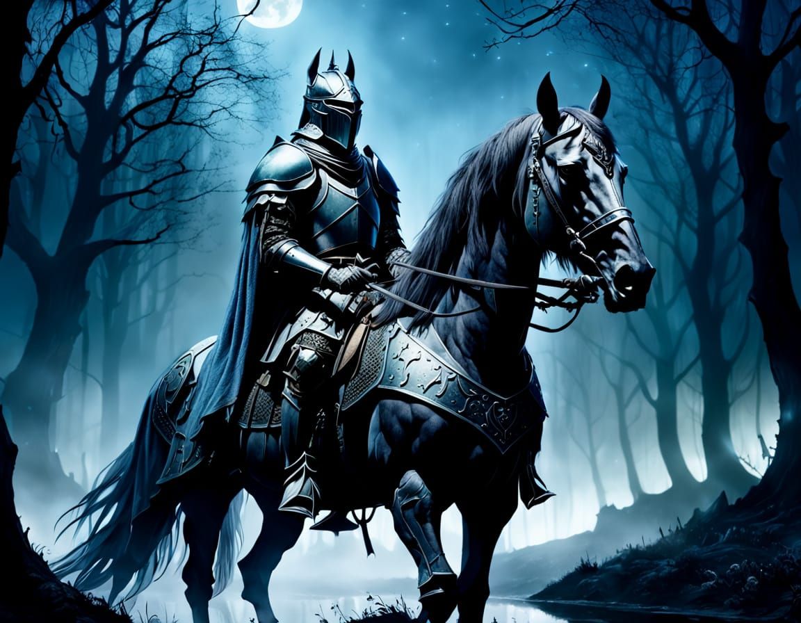 Gothic Knight on Ghostly Steed in Dark Fantasy Art