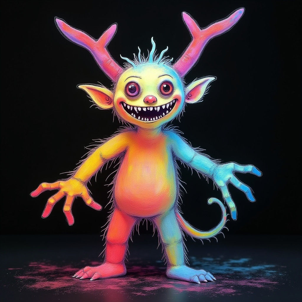 Surreal Crayon Monster with Rainbow Fairy