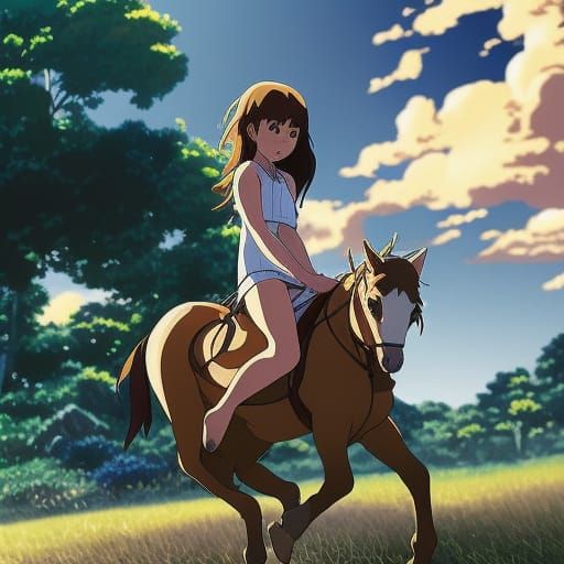 Anime Girl Riding Horse in Ghibli Style