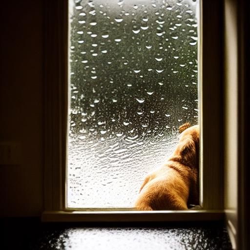 A rainy night viewed through a window, with a cozy nook and ...