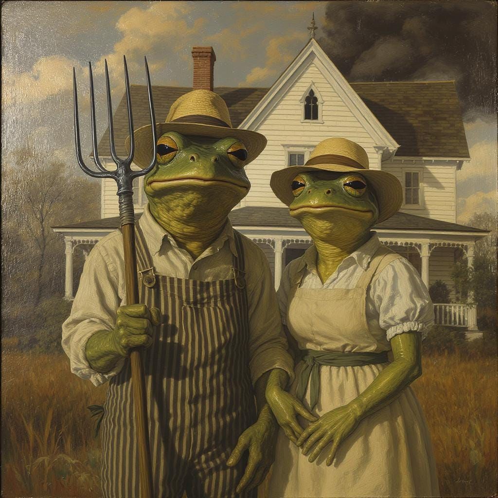 Frogs Recreate American Gothic in Oil Painting