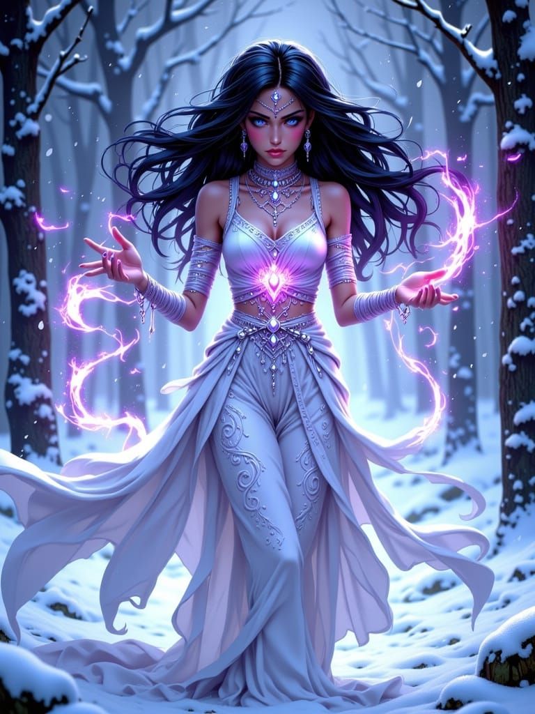 Winter Frost Priestess Casting Spell in Snowy Forest