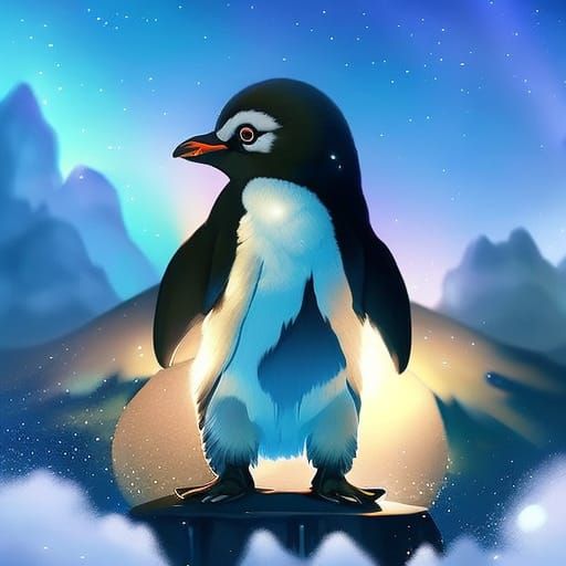 Penguin Gazing at Northern Lights: Digital Illustration