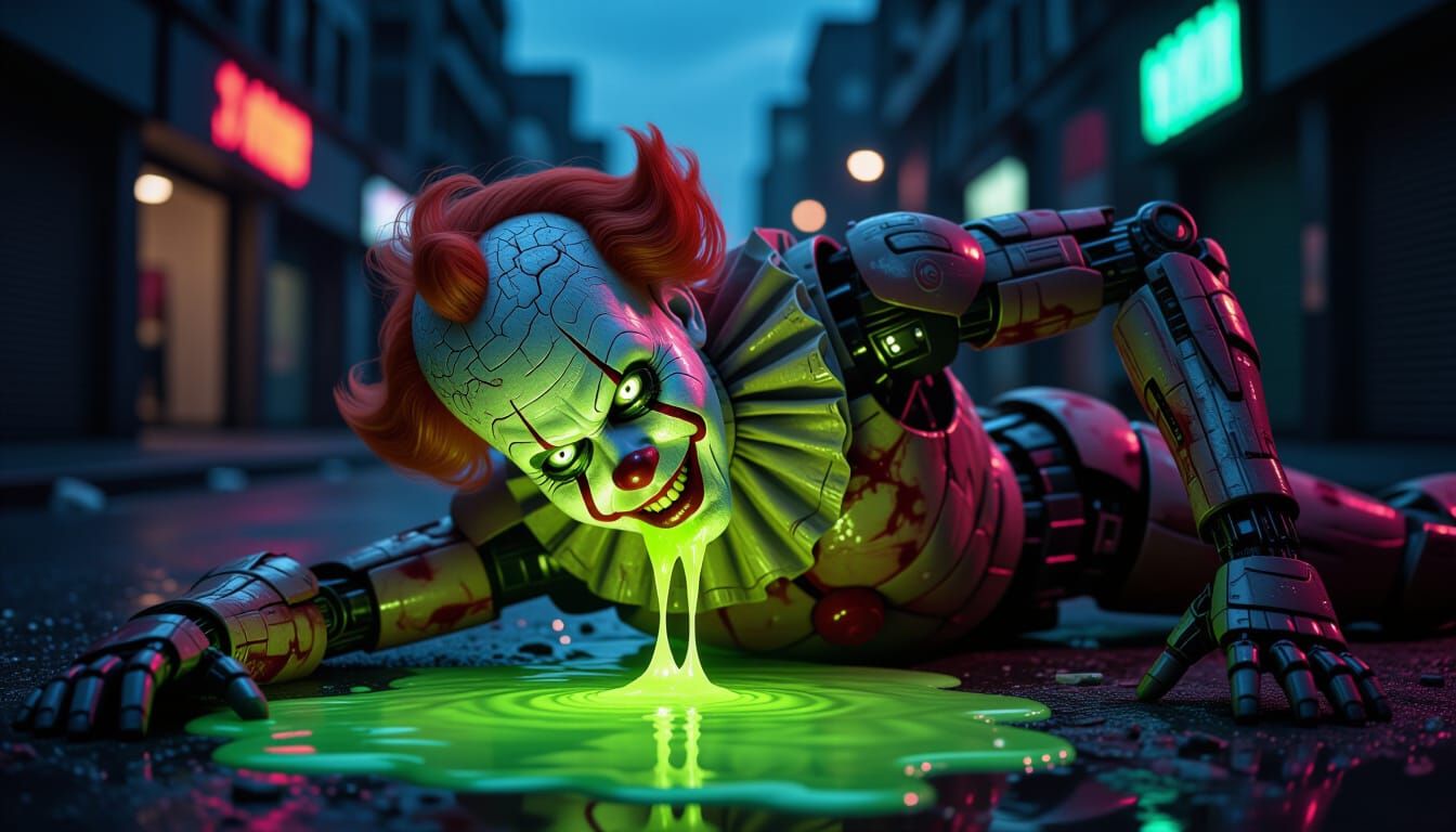 Cyberpunk Clown-Bot Destroyed by Zombies at Dusk