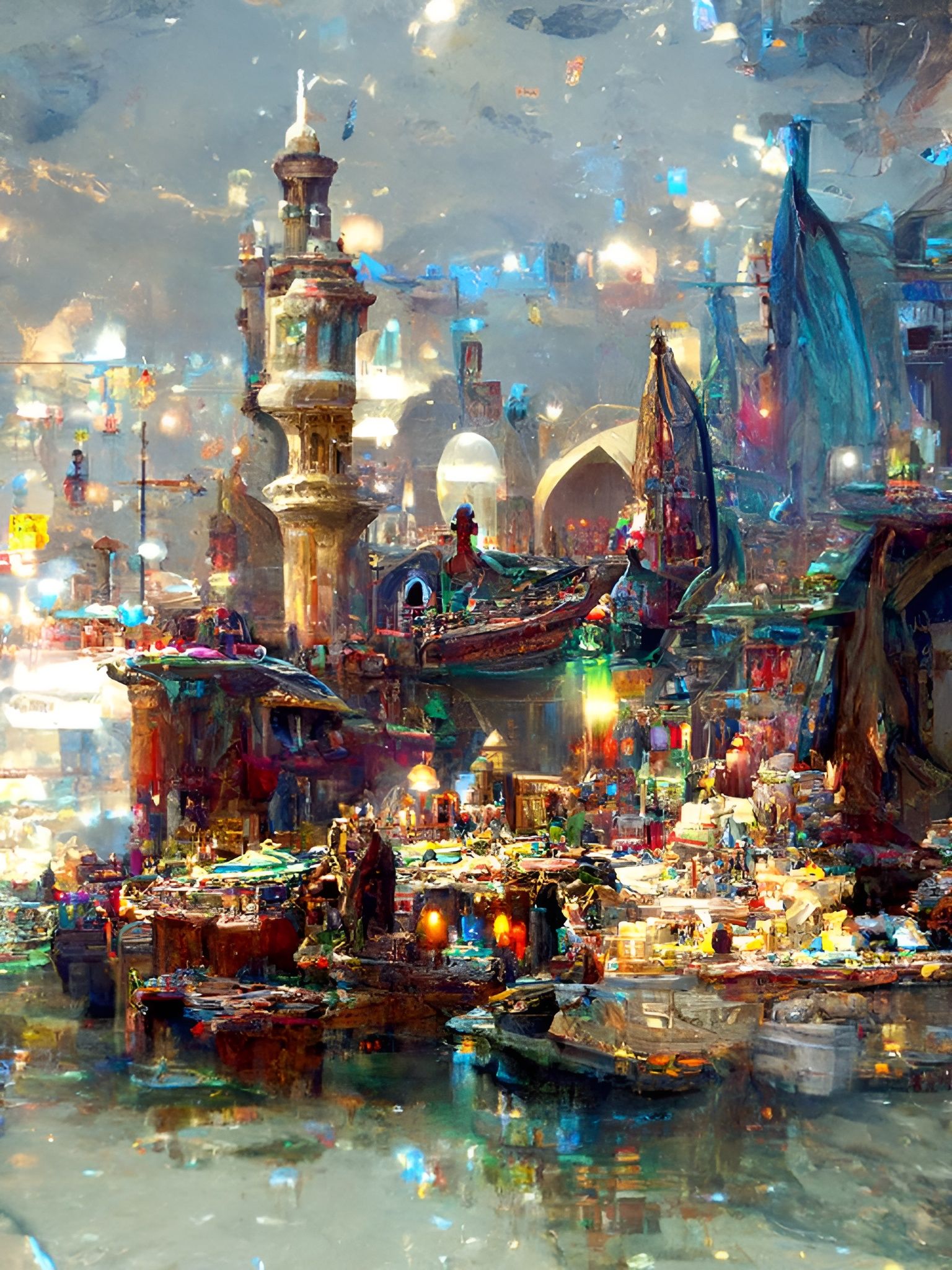 Fantasy Harbor City with Aurora Borealis, Digital Art