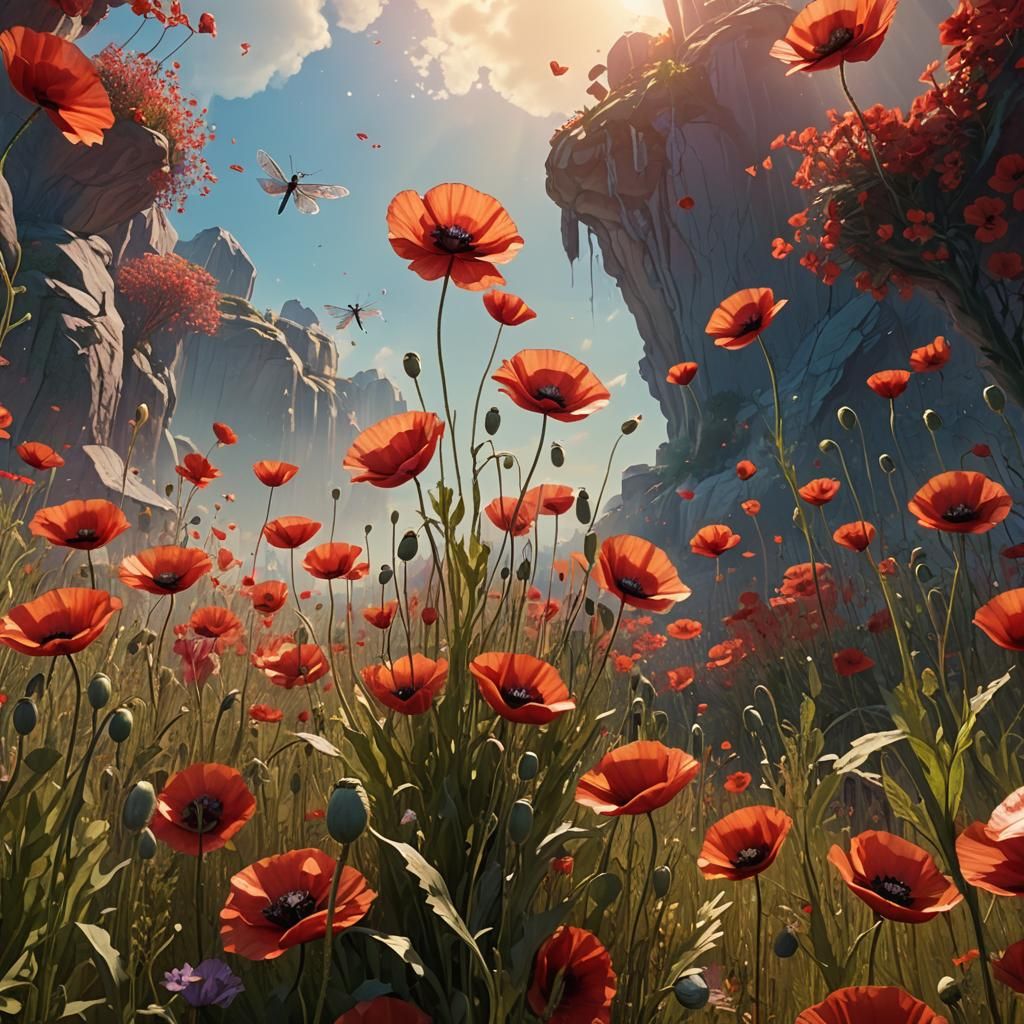 Red Poppies Bloom: A Digital Fantasy Landscape