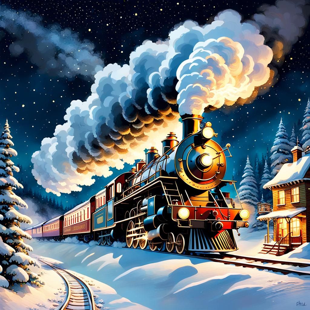 Whimsical Steam Locomotive Flying Under Starry Night
