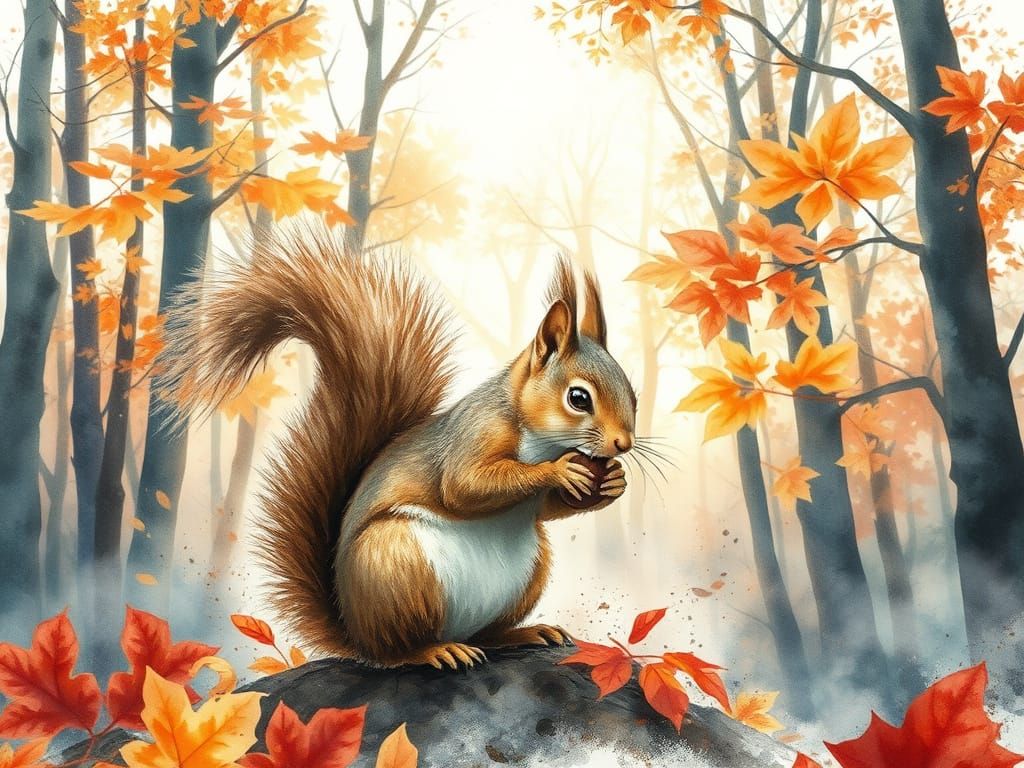 Squirrel with Acorn in Autumn Forest, Watercolor Style
