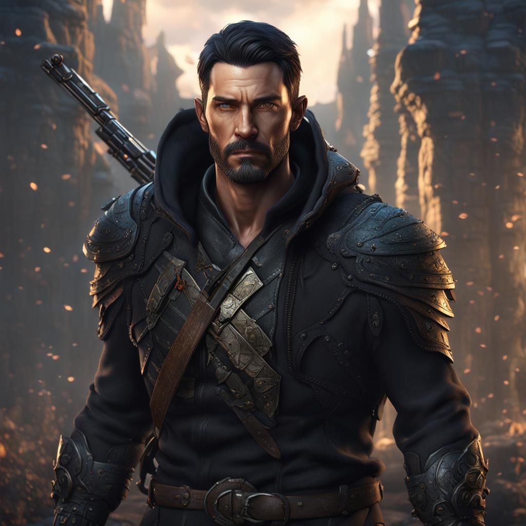 Handsome Hunter with Short Black Hair in Matte Painting
