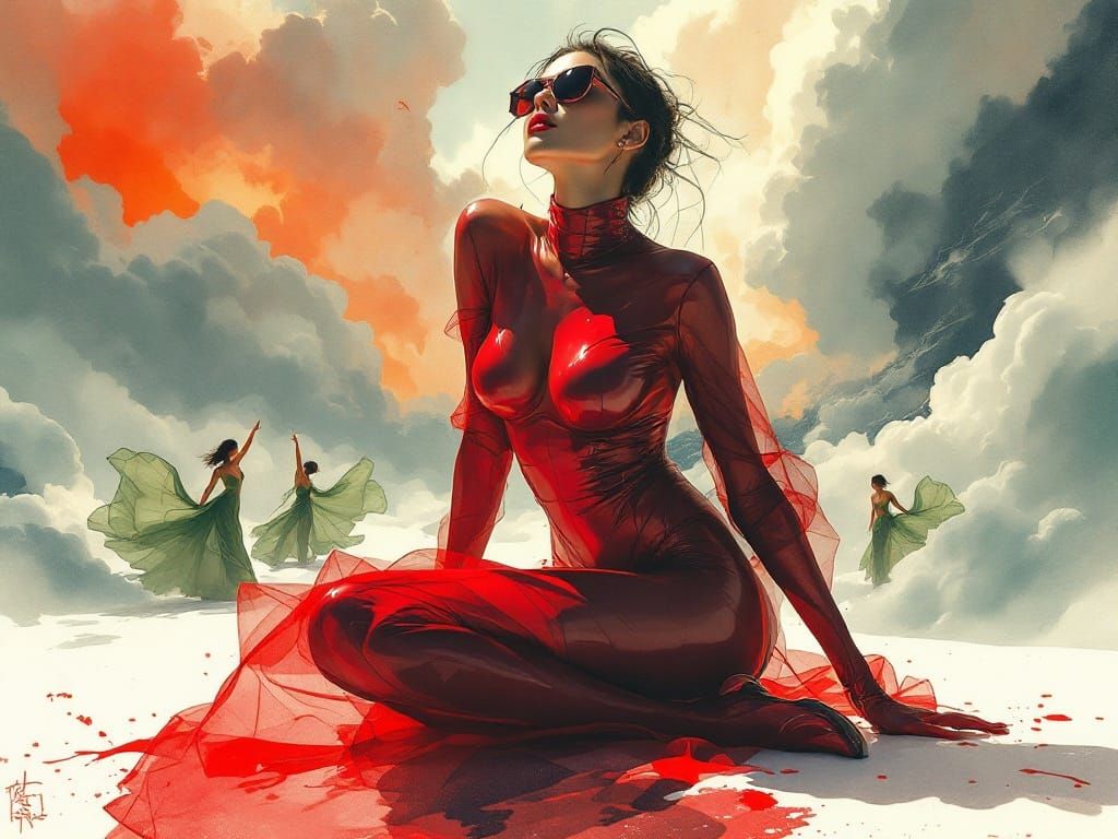 Dreamlike Dancers in Crimson Haze