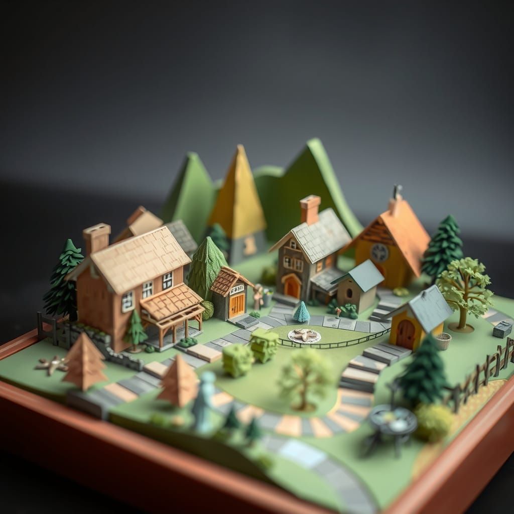 Origami Papercraft Village Diorama in Shoebox