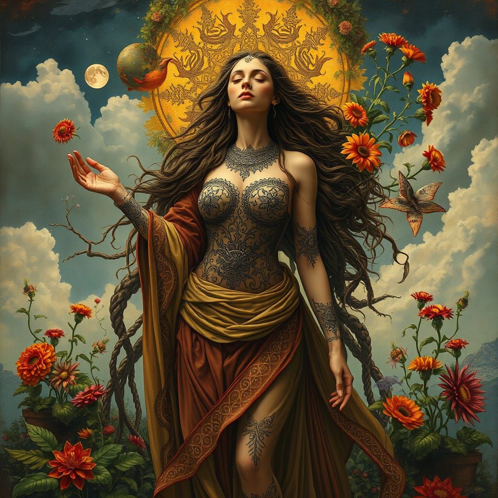 Feminine Goddess in Vibrant Nature, Inspired by Expressionis...