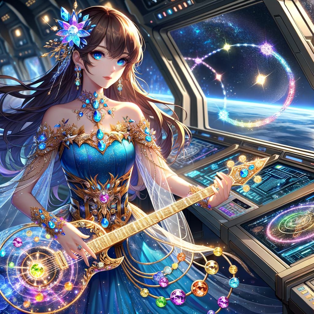 Anime Woman with Celestial Guitar in Futuristic Starship
