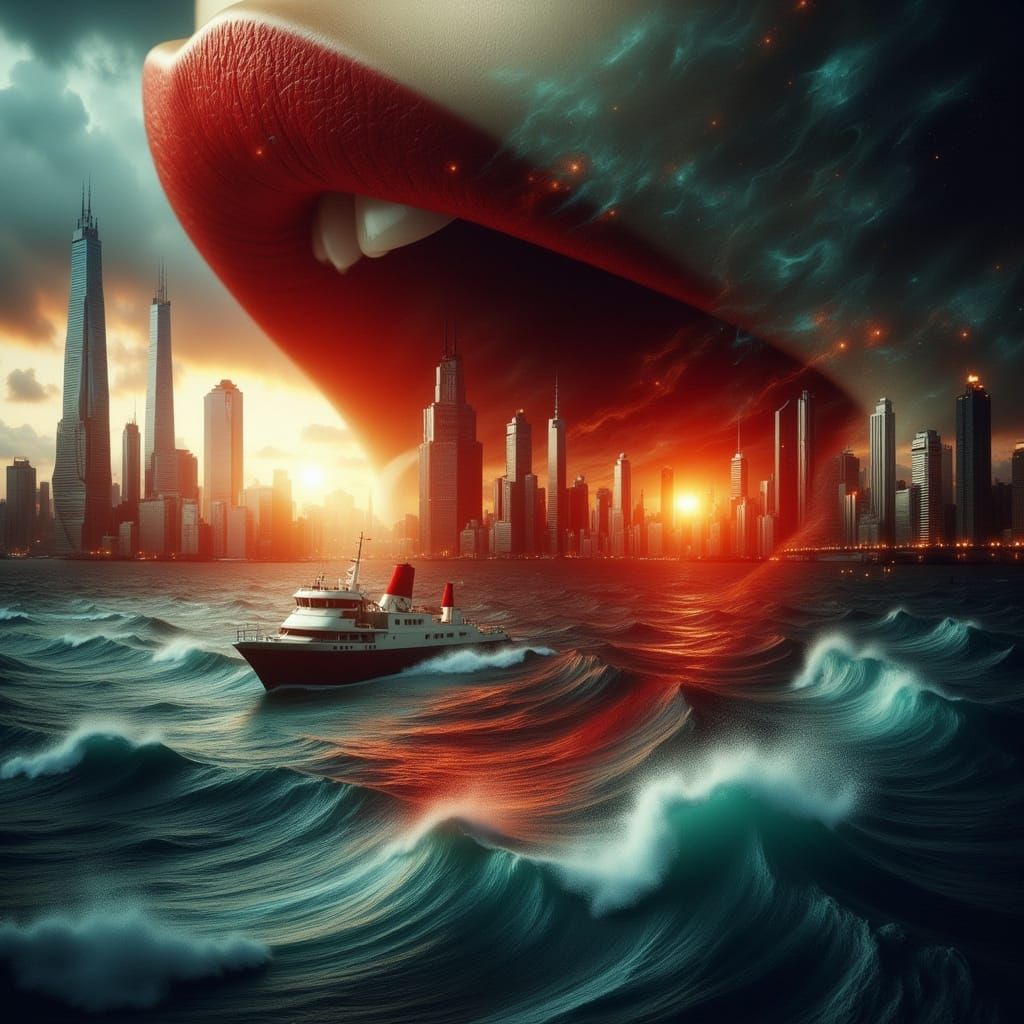 Surreal Futuristic Cityscape Erupts from a Human Mouth