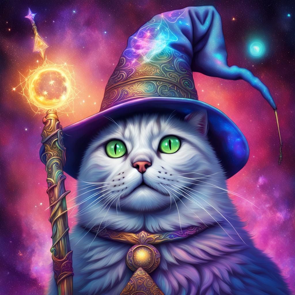 Magical Cat Wizard in Cosmic Astral Illustration