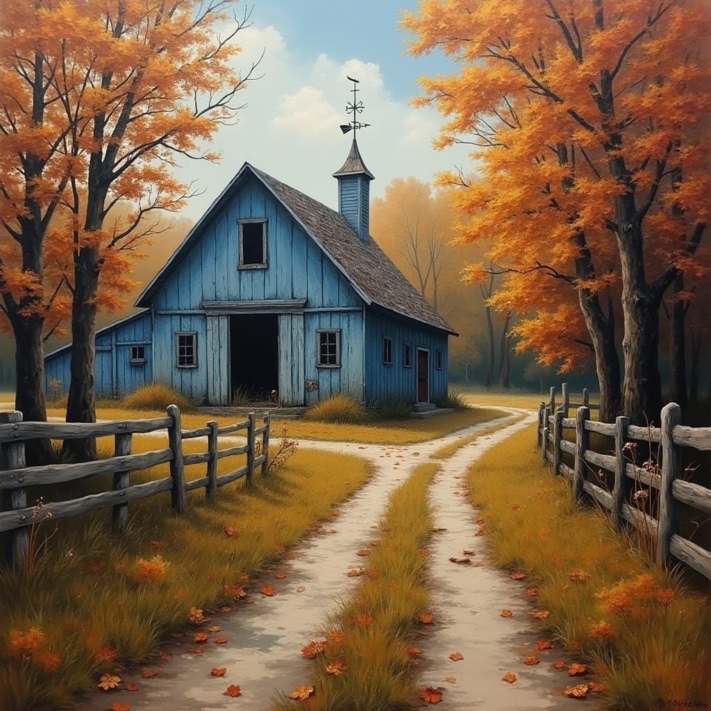 Autumn Country Road Oil Painting in Gothic Style