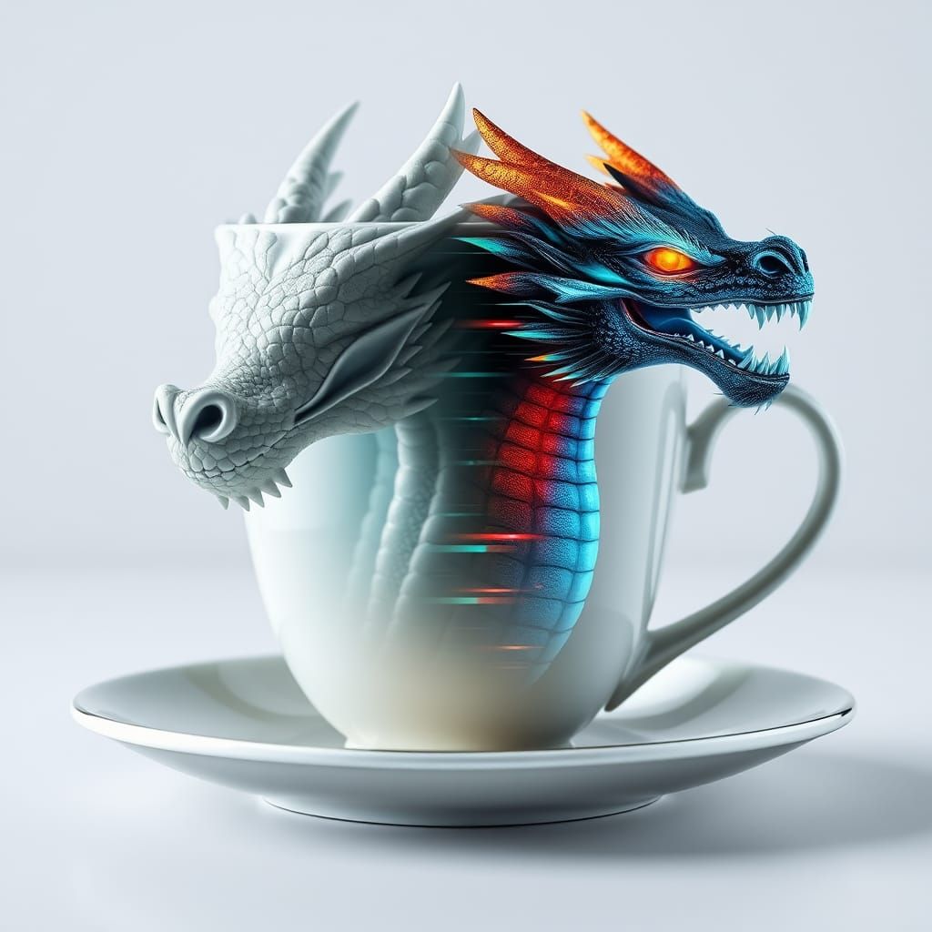 Mirrored Teacup Reflects Ancient and Digital Dragons