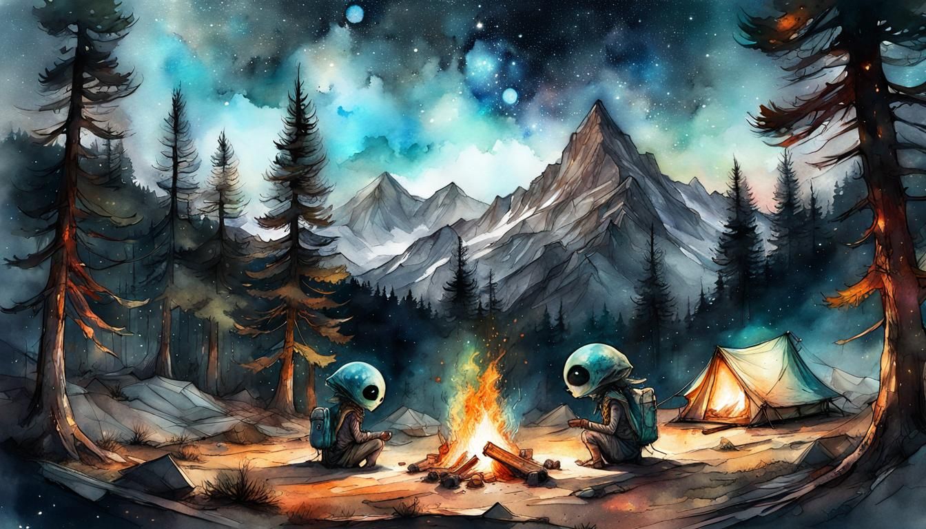 Adorable Aliens Camp Under Milky Way: Watercolor Art