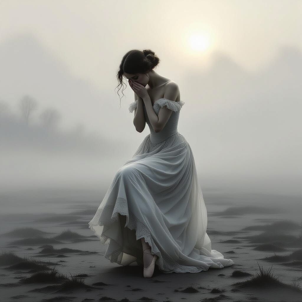 Ethereal Ballerina's Sorrowful Dance on Misty Plain