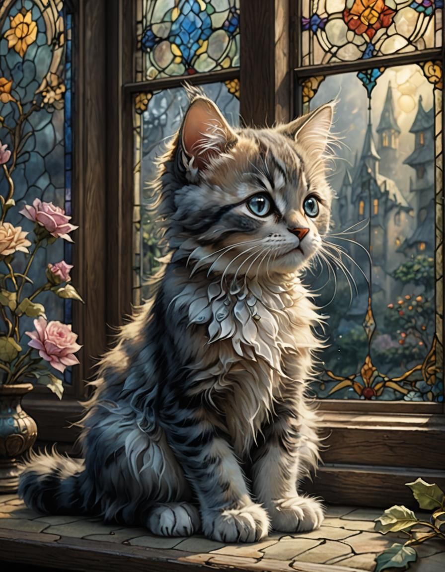 Anxious Fluffy Kitten Stares out Stained-Glass Window