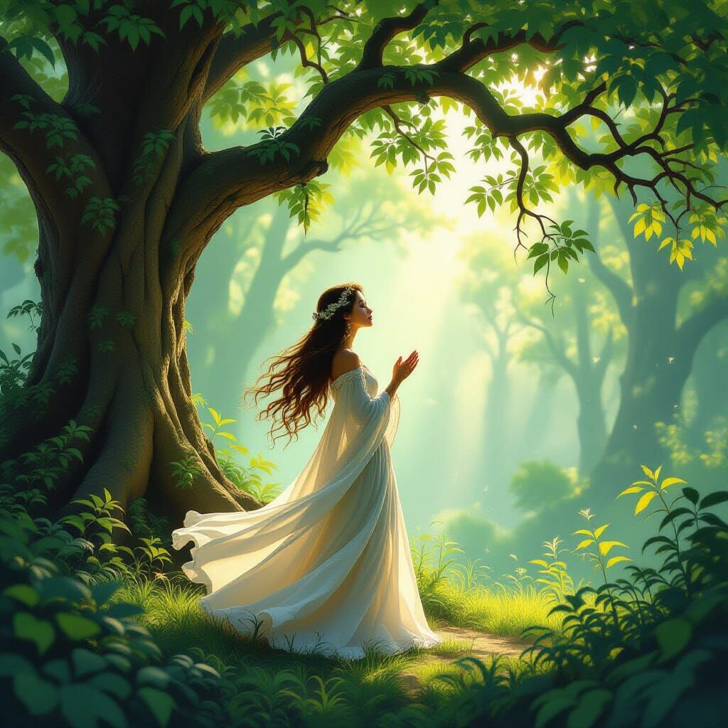 Ethereal Forest Singer in Art Nouveau Style