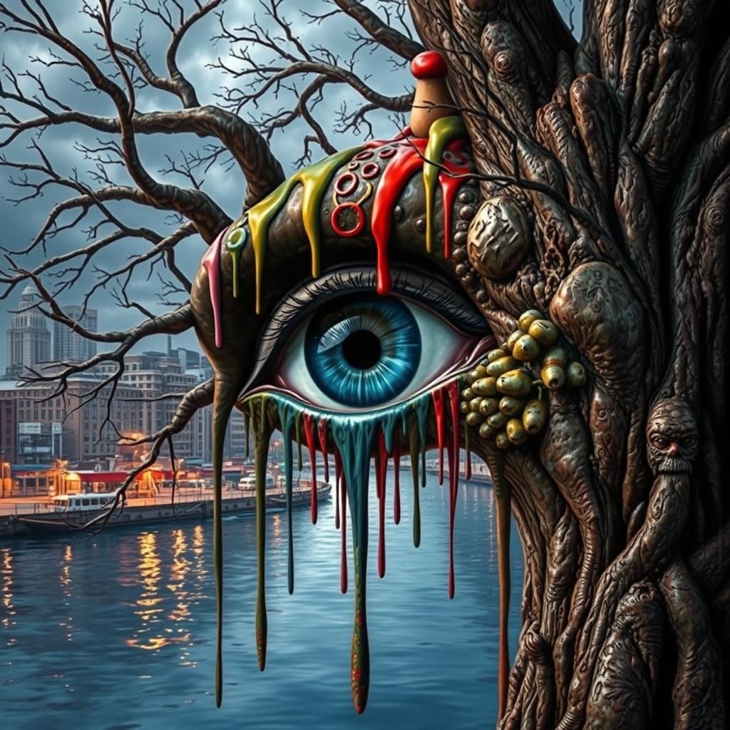 Surreal Eye in Tree with Dripping Paint