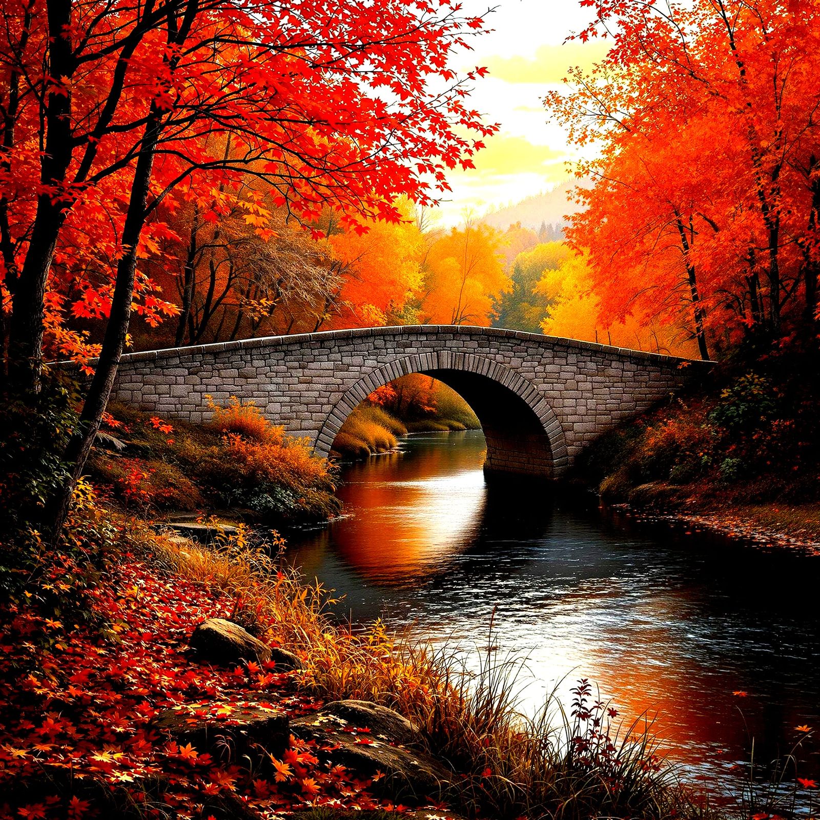 Autumn Sunset River Scene in Hyperdetailed Photorealism