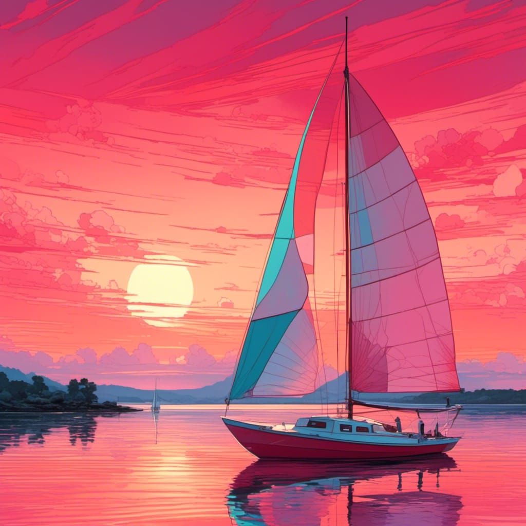 sailboat at sunset in pink