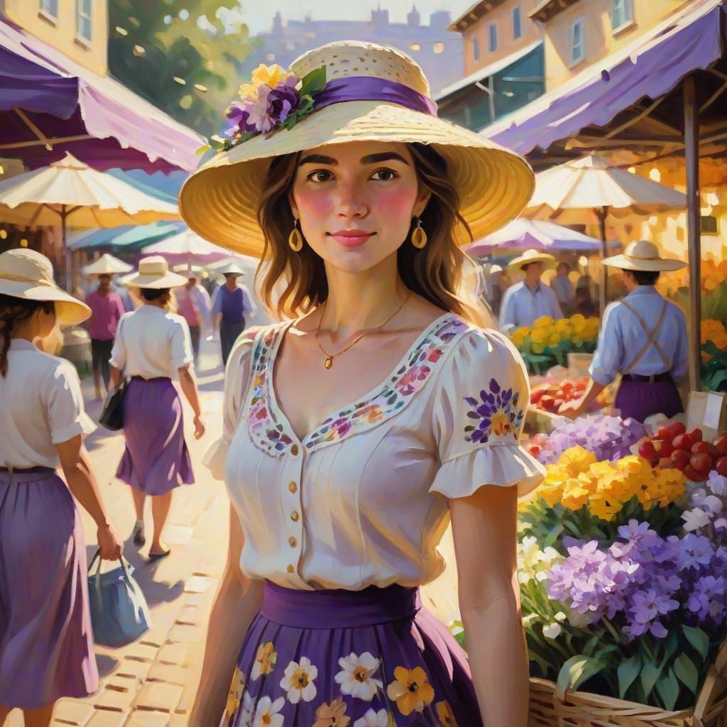 Impressionist Woman with Flowered Hat in Market