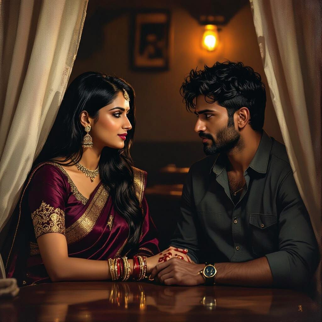 Forbidden Love Scene in Dimly Lit Cafe