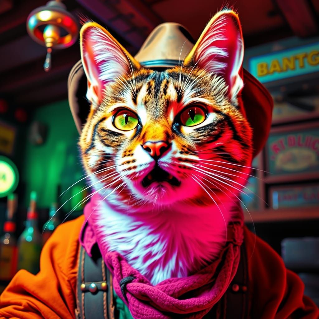 Psychedelic Cowboy Cat in Grotesque Black Velvet Art
