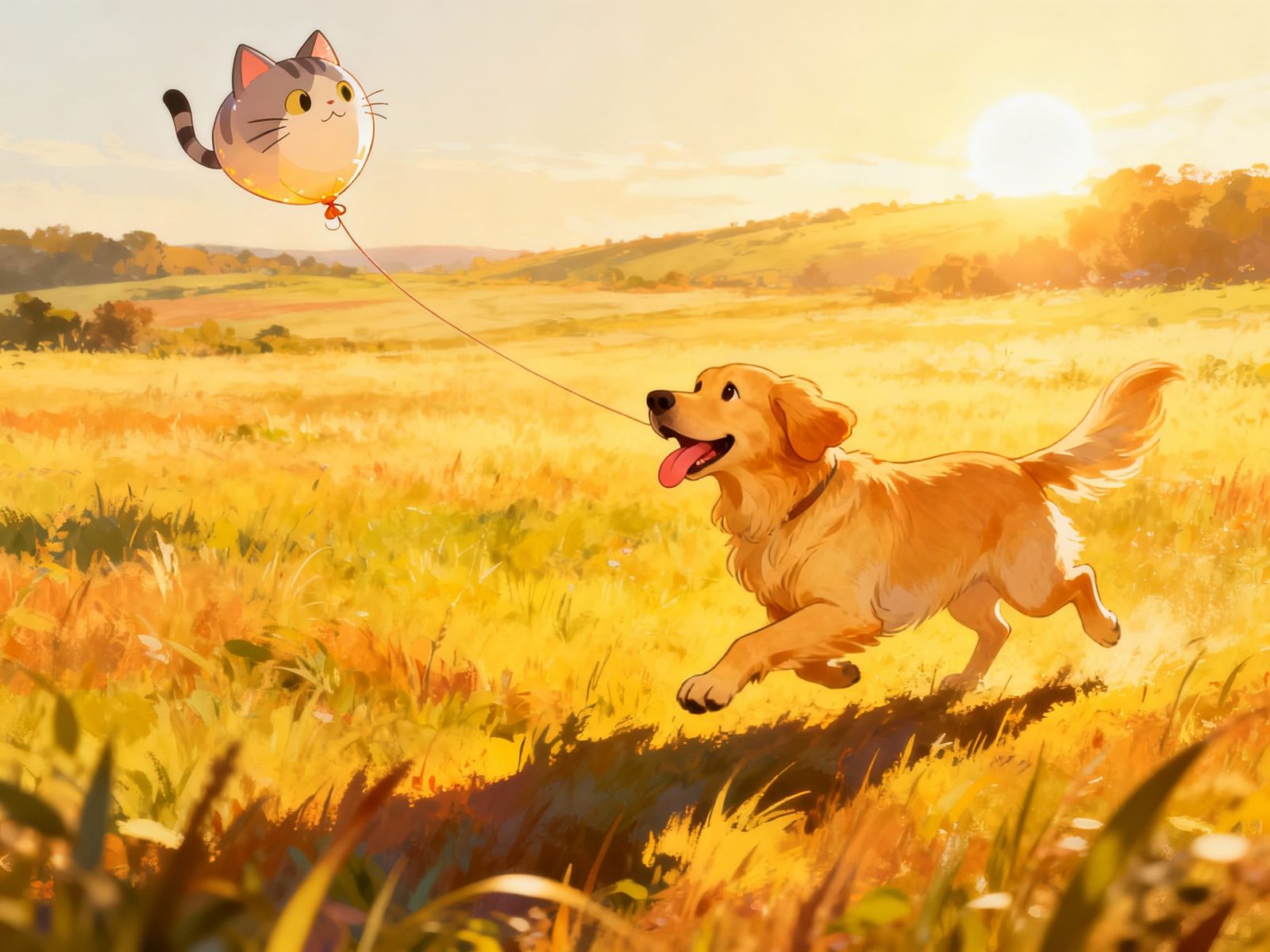 Golden Retriever Chases Cat Balloon in Sunlit Field
