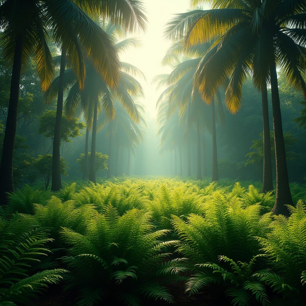 Lush Ferns in Dappled Sunlight, Hyperrealistic Lomography