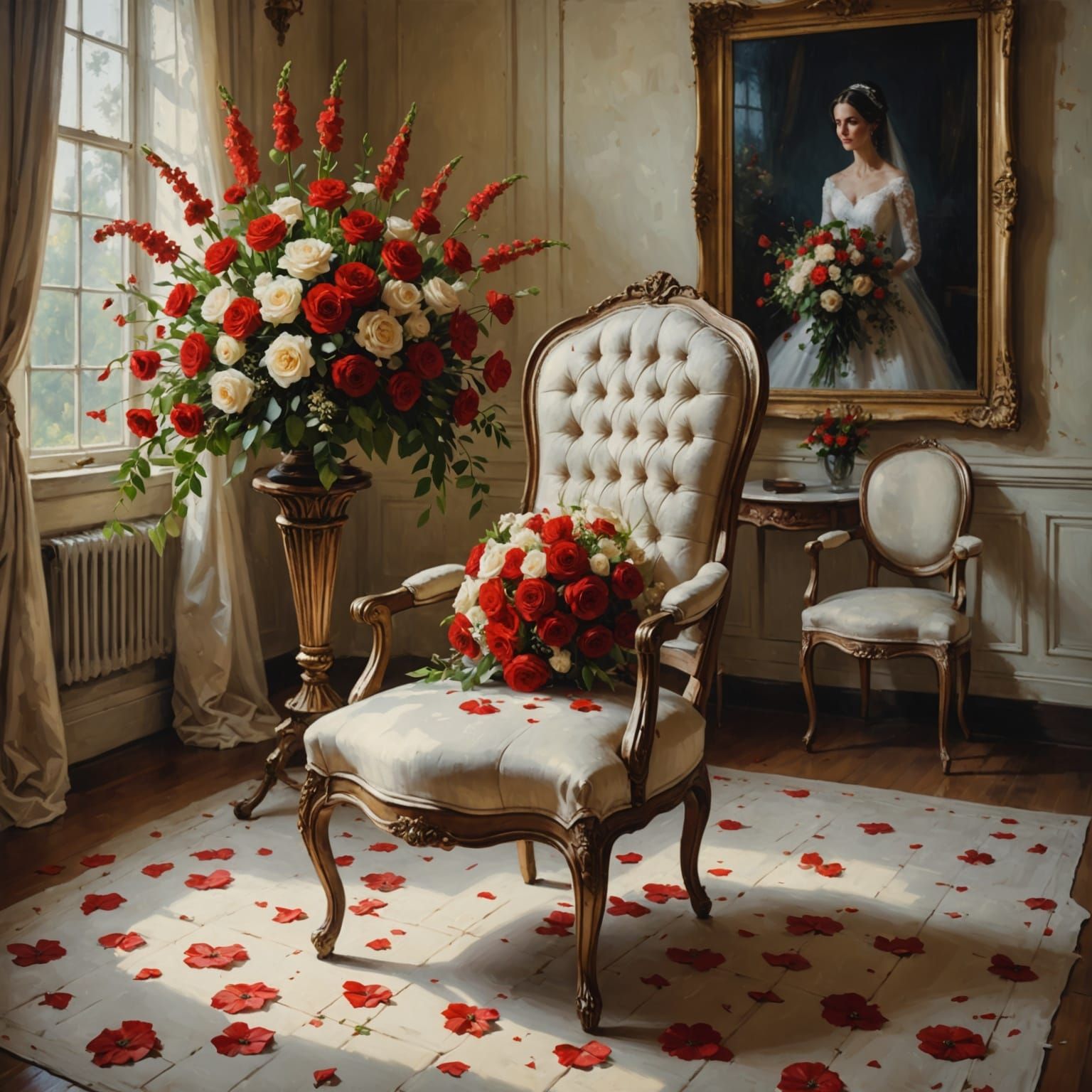 Vintage Dreamy Bridal Chair in a Romantic Red Floral Wonderl...