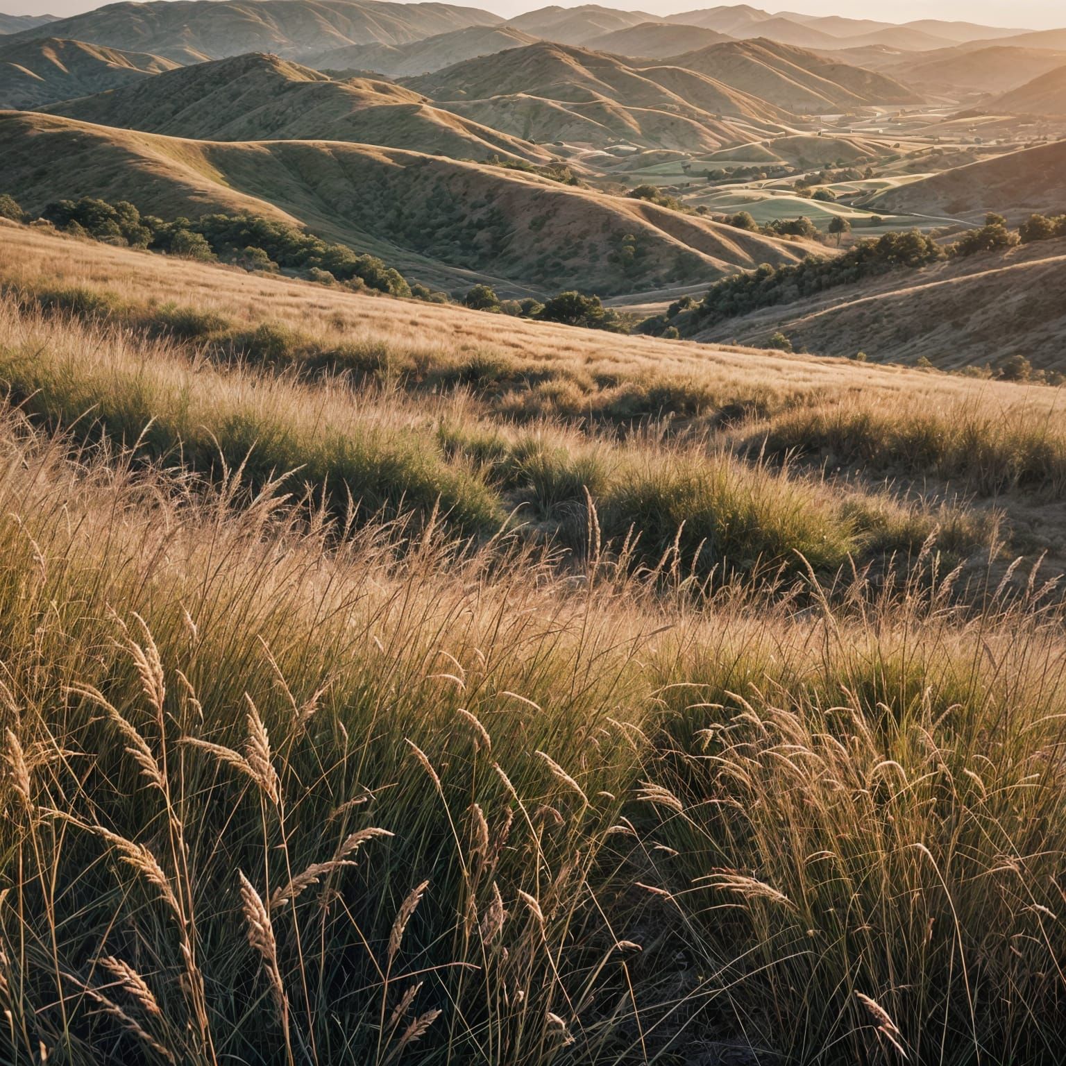 Golden Hour Hills with Swaying Grasses: Cinematic Still