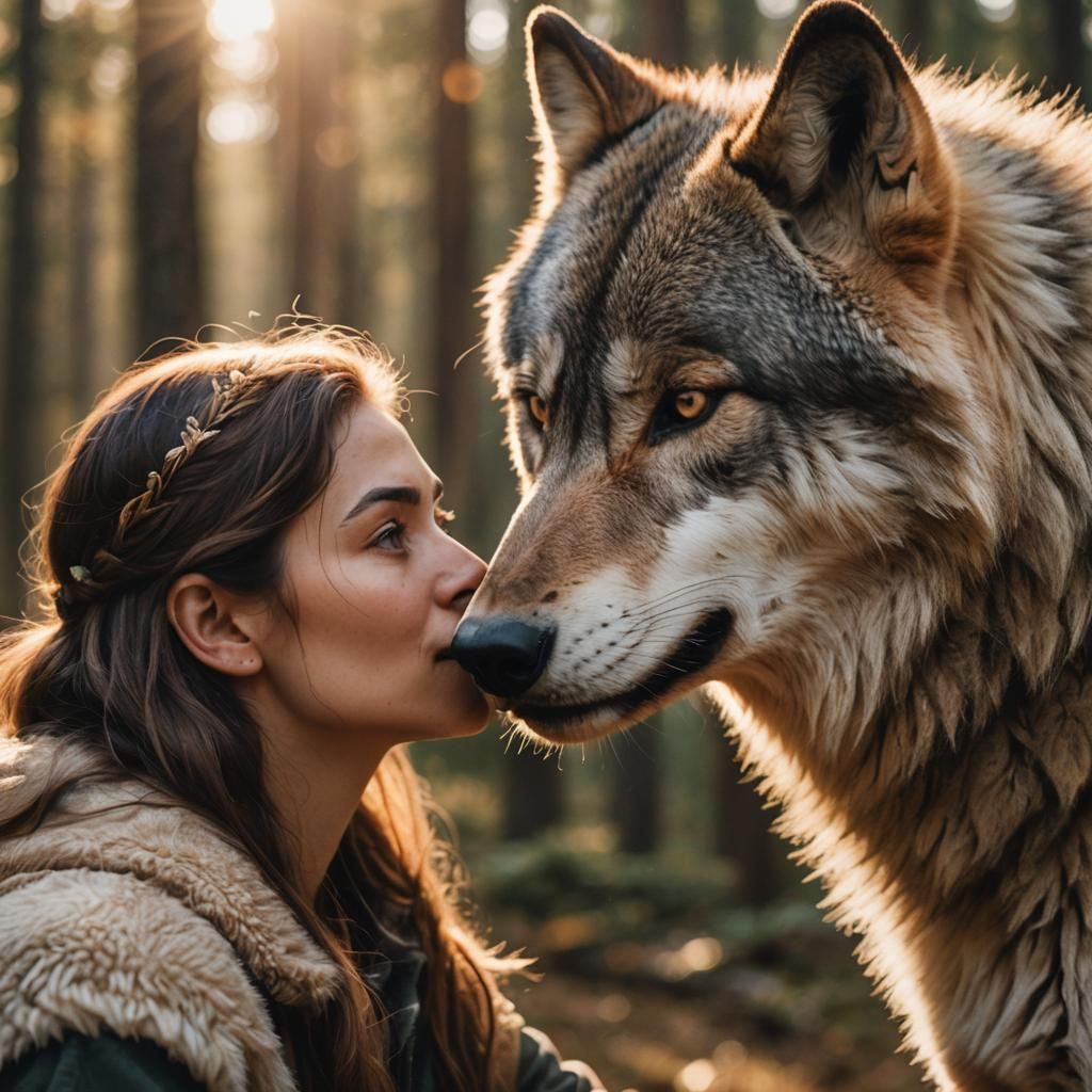Intimate Portrait of Woman and Wolf in Golden Light